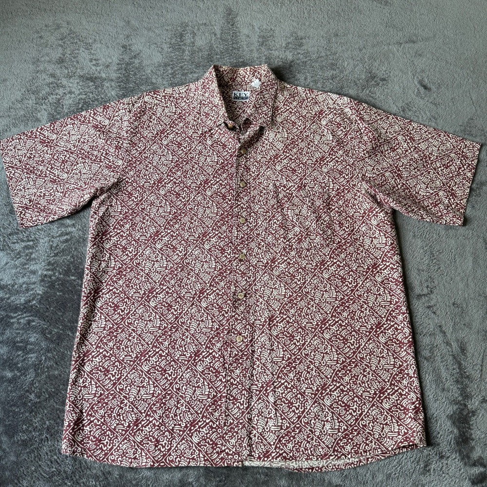 Key Elements Mens XL Short Sleeve Button Down Shirt Burgundy Tribal Print Cotton